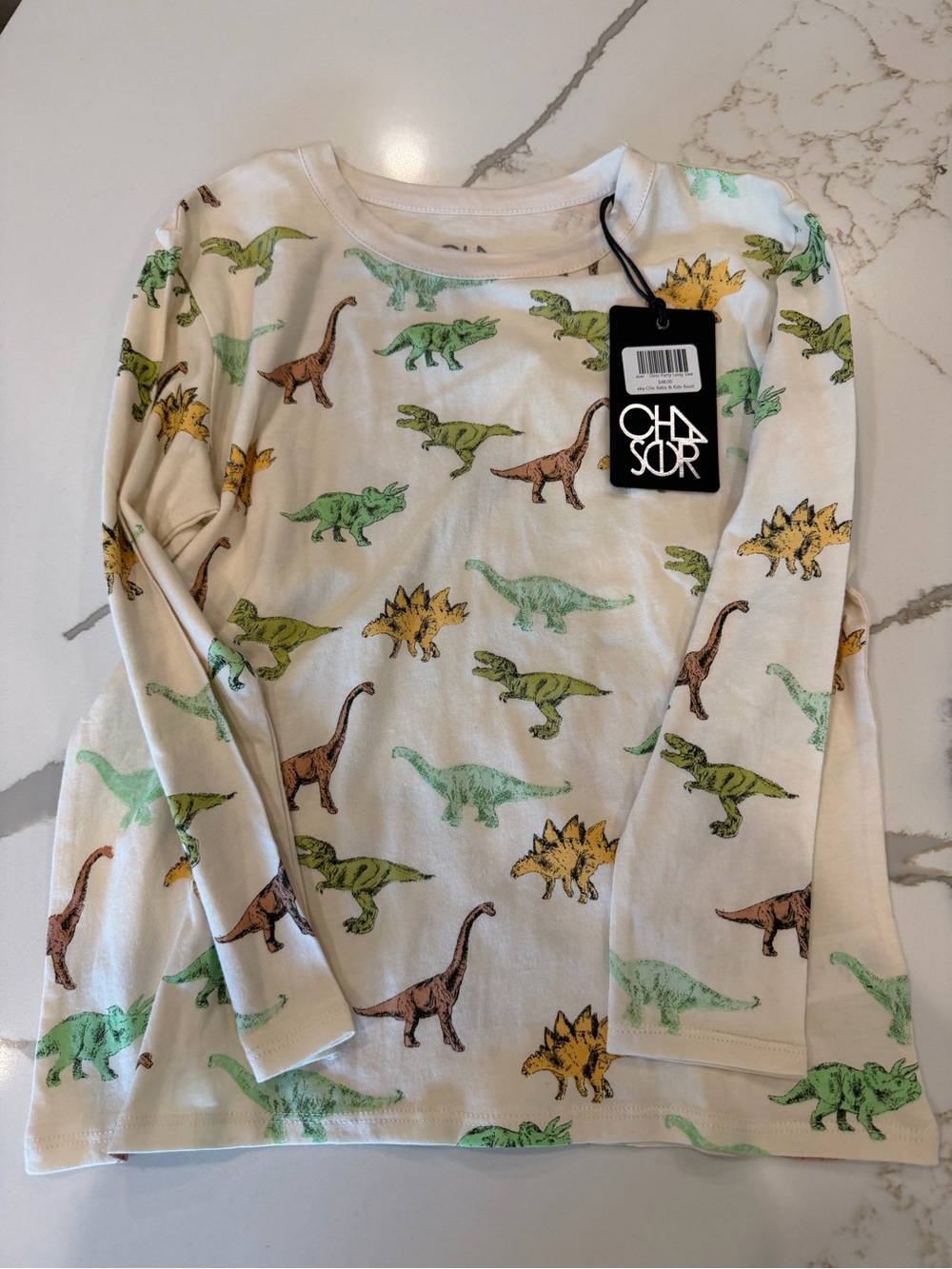 NWT Chaser White Long-Sleeve Tee with Multicolor Dinosaur Print
